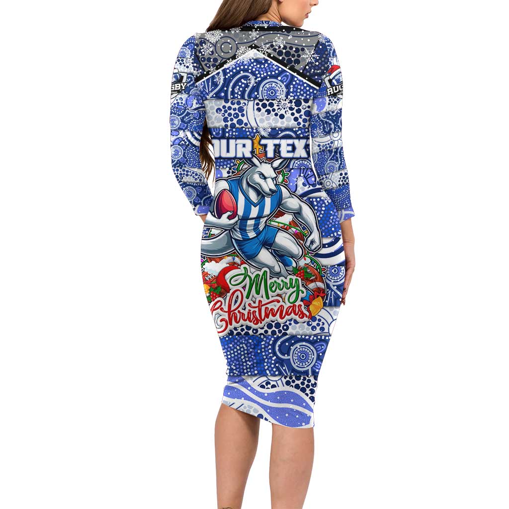 Custom Kangaroos Rugby Merry Christmas Long Sleeve Bodycon Dress Indigenous Australian Art
