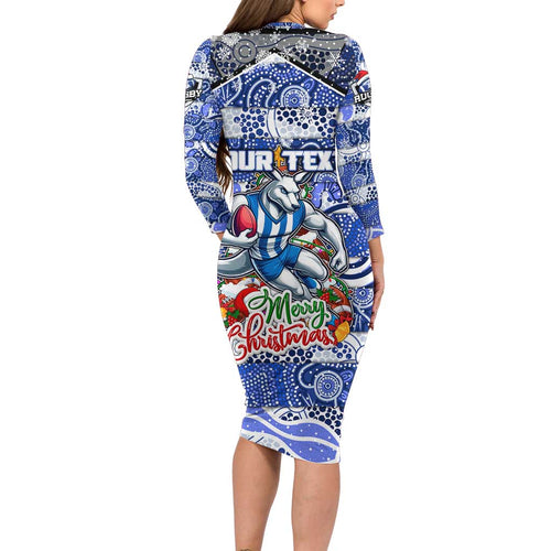 Custom Kangaroos Rugby Merry Christmas Long Sleeve Bodycon Dress Indigenous Australian Art