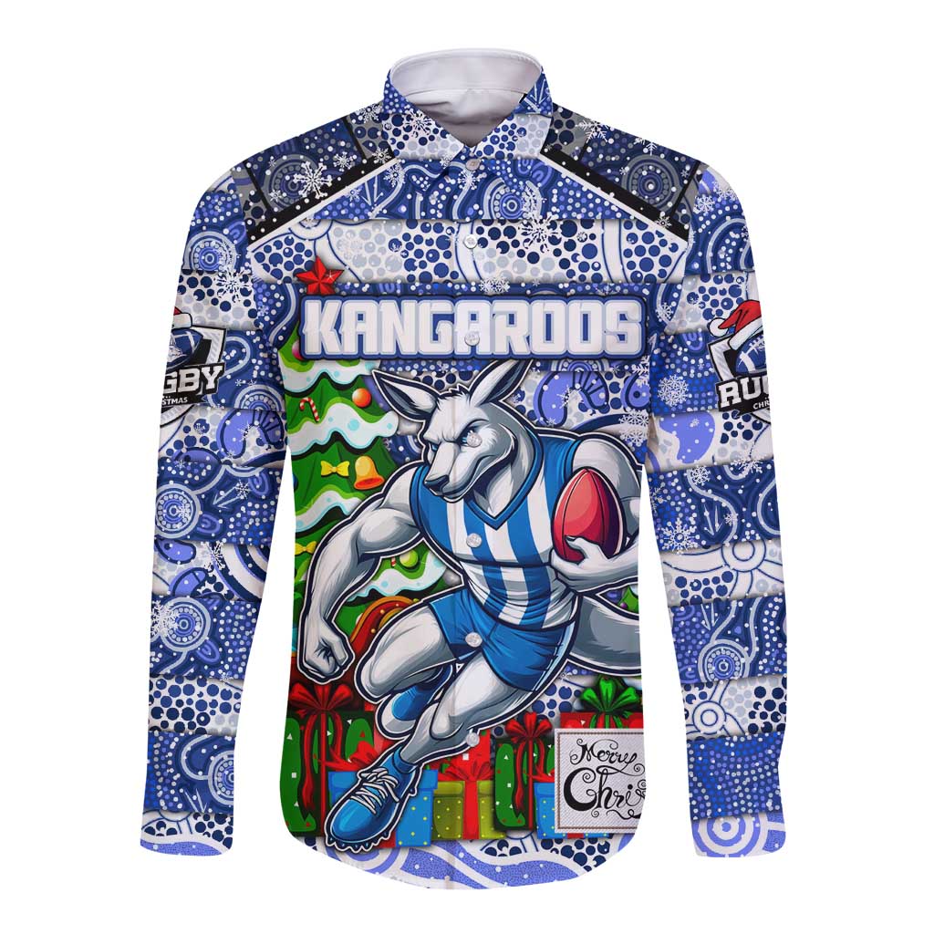 Custom Kangaroos Rugby Merry Christmas Long Sleeve Button Shirt Indigenous Australian Art