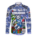 Custom Kangaroos Rugby Merry Christmas Long Sleeve Button Shirt Indigenous Australian Art