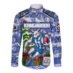 Custom Kangaroos Rugby Merry Christmas Long Sleeve Button Shirt Indigenous Australian Art