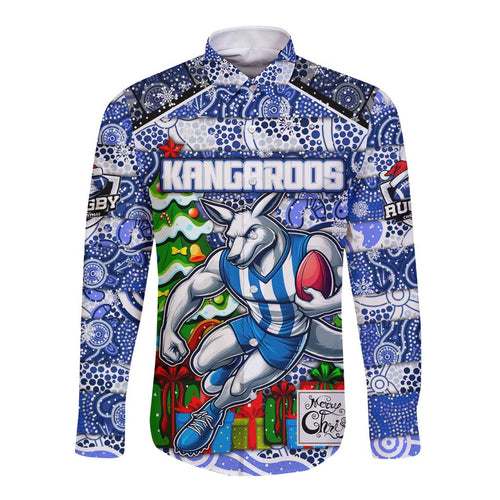 Custom Kangaroos Rugby Merry Christmas Long Sleeve Button Shirt Indigenous Australian Art