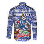 Custom Kangaroos Rugby Merry Christmas Long Sleeve Button Shirt Indigenous Australian Art