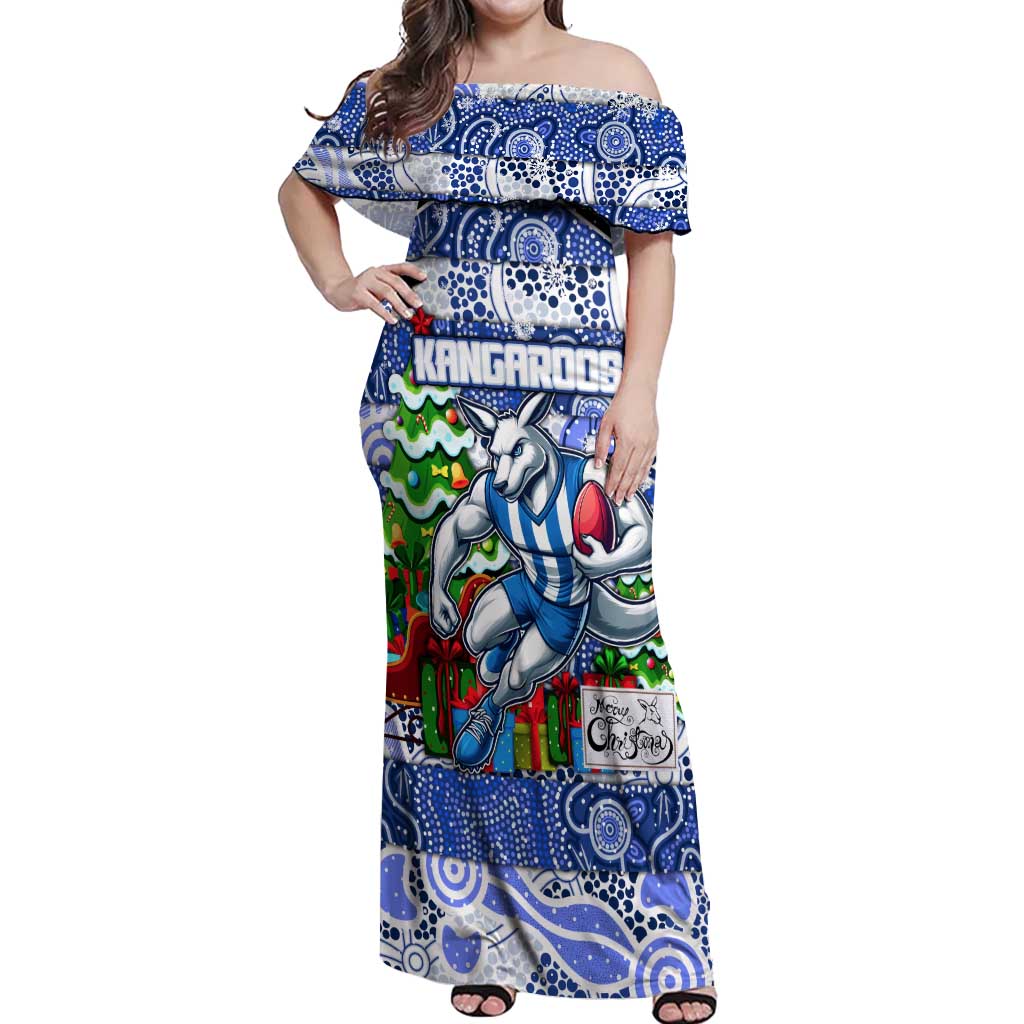 Custom Kangaroos Rugby Merry Christmas Off Shoulder Maxi Dress Indigenous Australian Art