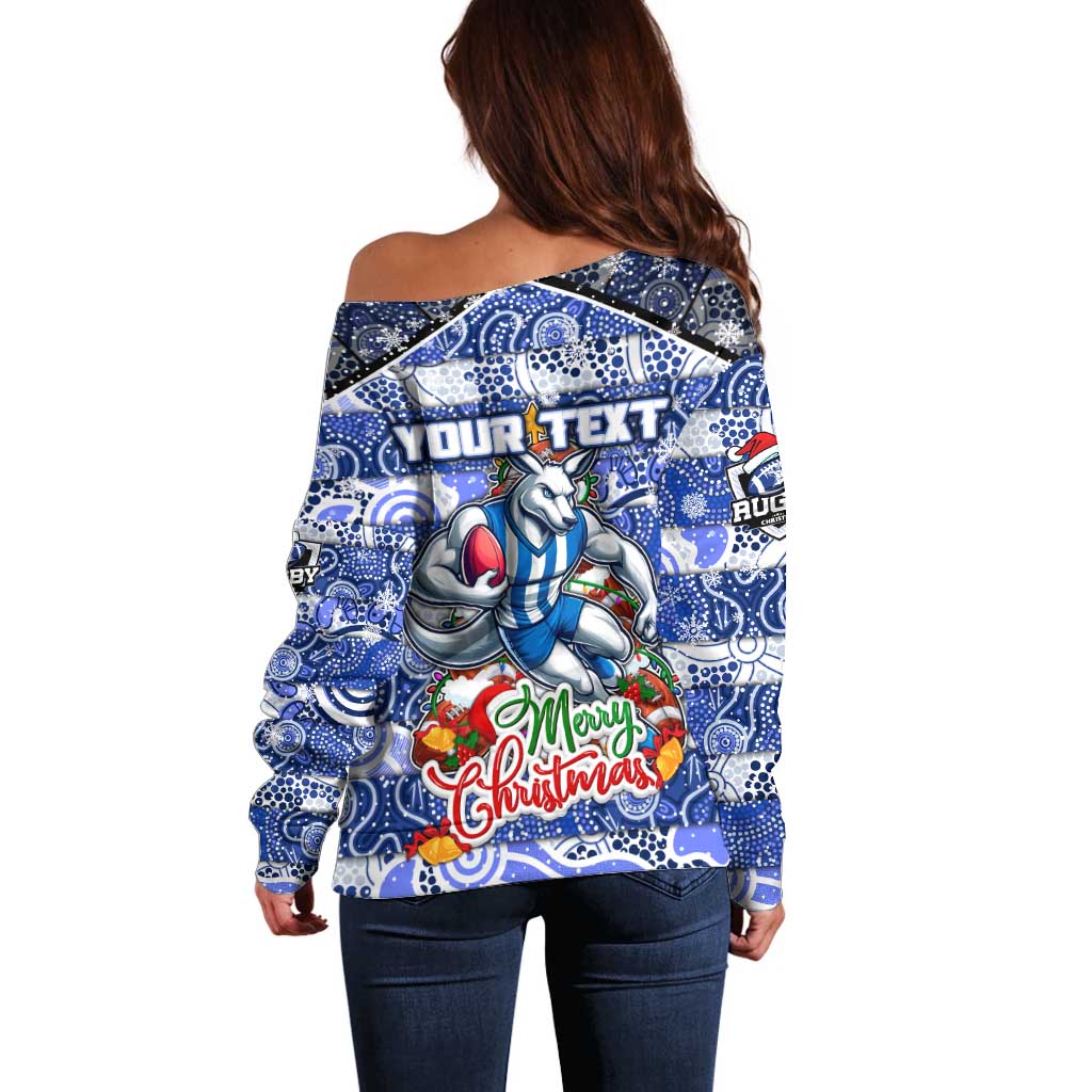 Custom Kangaroos Rugby Merry Christmas Off Shoulder Sweater Indigenous Australian Art