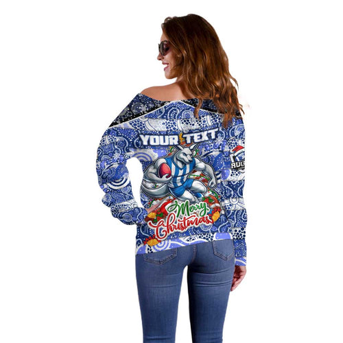 Custom Kangaroos Rugby Merry Christmas Off Shoulder Sweater Indigenous Australian Art