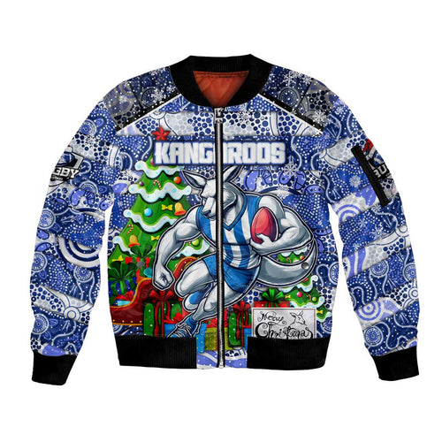 Custom Kangaroos Rugby Merry Christmas Sleeve Zip Bomber Jacket Indigenous Australian Art