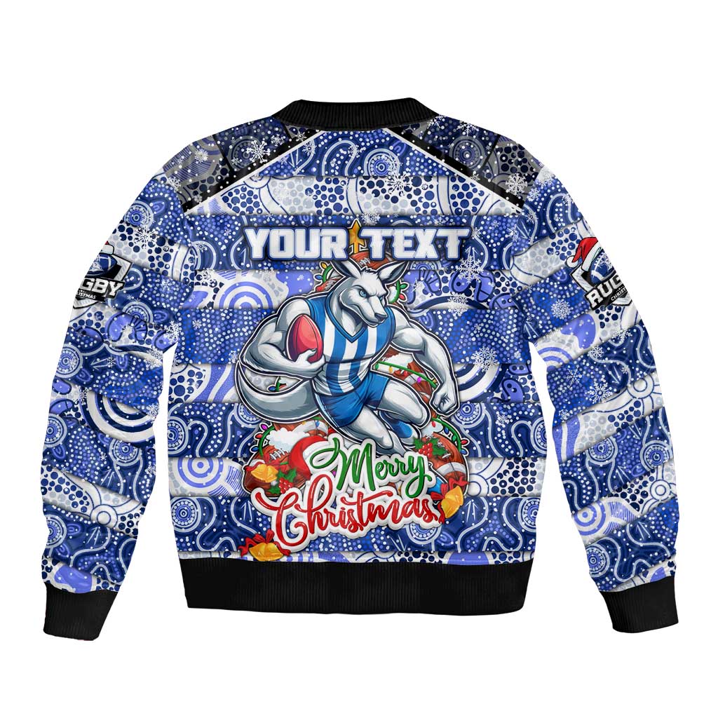 Custom Kangaroos Rugby Merry Christmas Sleeve Zip Bomber Jacket Indigenous Australian Art