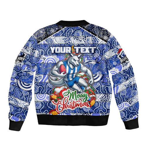 Custom Kangaroos Rugby Merry Christmas Sleeve Zip Bomber Jacket Indigenous Australian Art
