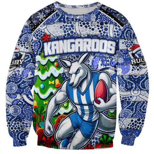 Custom Kangaroos Rugby Merry Christmas Sweatshirt Indigenous Australian Art