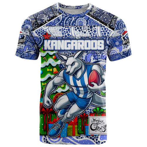 Custom Kangaroos Rugby Merry Christmas T Shirt Indigenous Australian Art