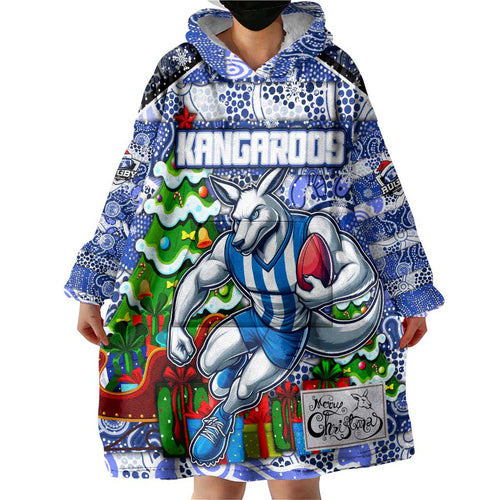 Custom Kangaroos Rugby Merry Christmas Wearable Blanket Hoodie Indigenous Australian Art