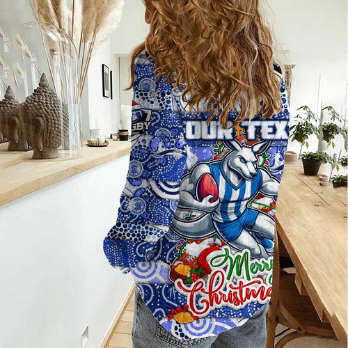 Custom Kangaroos Rugby Merry Christmas Women Casual Shirt Indigenous Australian Art