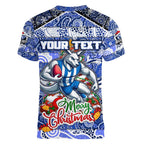 Custom Kangaroos Rugby Merry Christmas Women V-Neck T-Shirt Indigenous Australian Art
