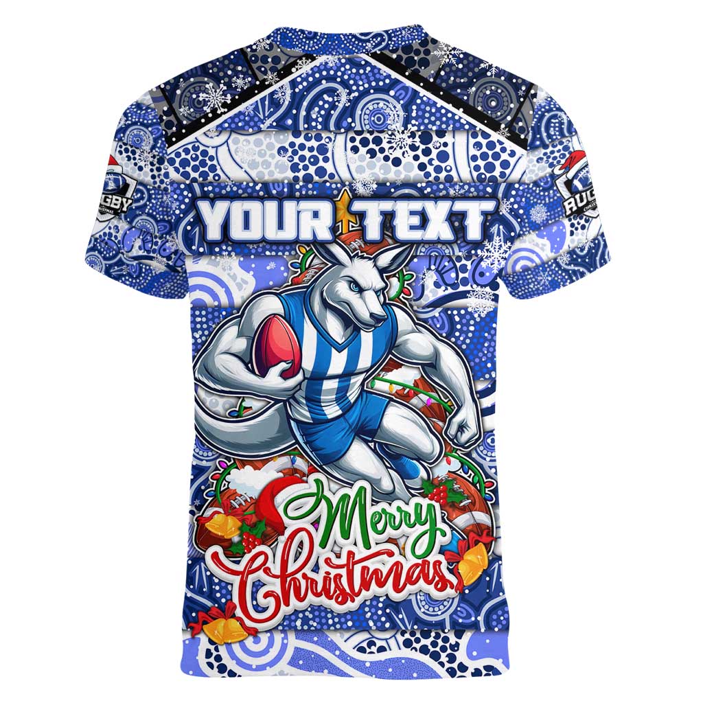 Custom Kangaroos Rugby Merry Christmas Women V-Neck T-Shirt Indigenous Australian Art