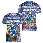 Custom Kangaroos Rugby Merry Christmas Women V-Neck T-Shirt Indigenous Australian Art