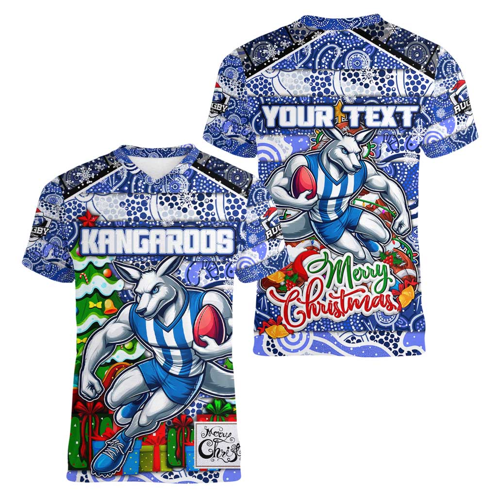 Custom Kangaroos Rugby Merry Christmas Women V-Neck T-Shirt Indigenous Australian Art