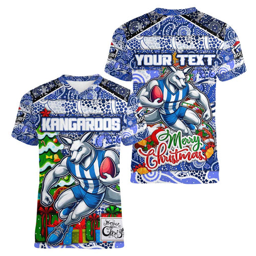 Custom Kangaroos Rugby Merry Christmas Women V-Neck T-Shirt Indigenous Australian Art