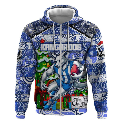 Custom Kangaroos Rugby Merry Christmas Zip Hoodie Indigenous Australian Art