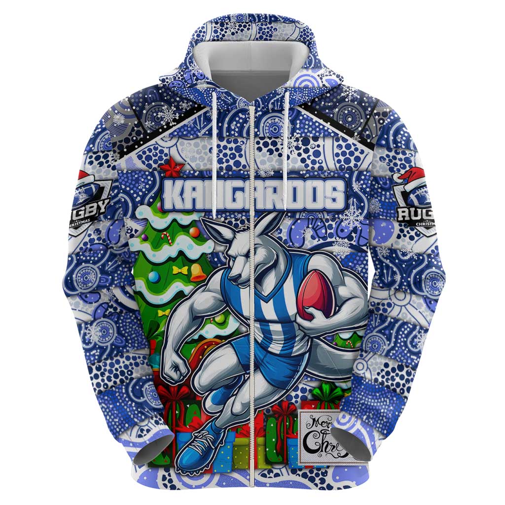 Custom Kangaroos Rugby Merry Christmas Zip Hoodie Indigenous Australian Art