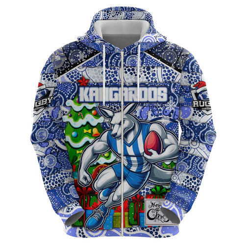 Custom Kangaroos Rugby Merry Christmas Zip Hoodie Indigenous Australian Art