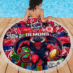 Demons Football Merry Christmas Beach Blanket Indigenous Australian Art
