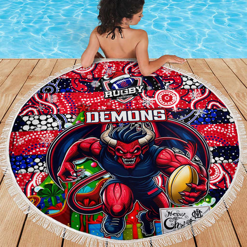 Demons Football Merry Christmas Beach Blanket Indigenous Australian Art