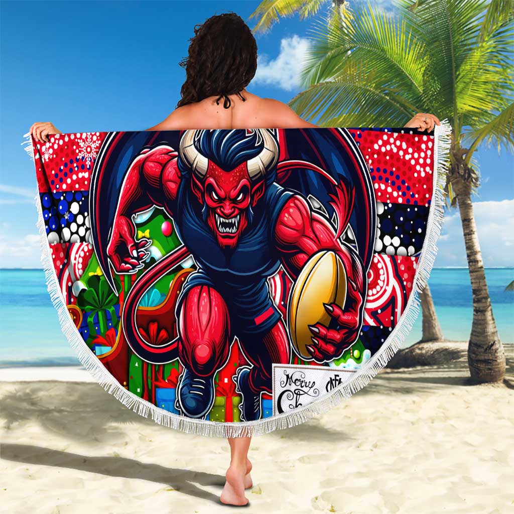 Demons Football Merry Christmas Beach Blanket Indigenous Australian Art