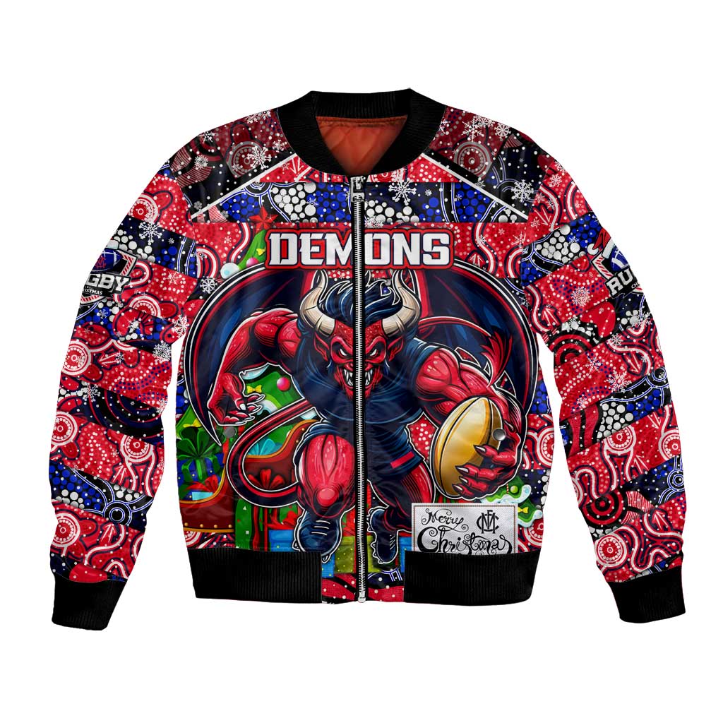 Custom Demons Rugby Merry Christmas Bomber Jacket Indigenous Australian Art