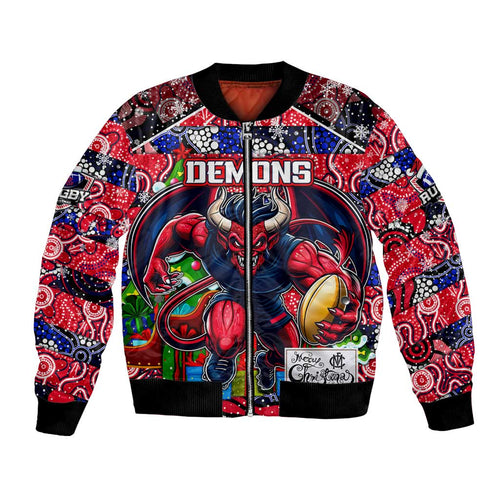 Custom Demons Rugby Merry Christmas Bomber Jacket Indigenous Australian Art