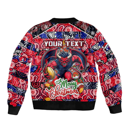 Custom Demons Rugby Merry Christmas Bomber Jacket Indigenous Australian Art