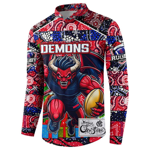 Custom Demons Rugby Merry Christmas Button Sweatshirt Indigenous Australian Art