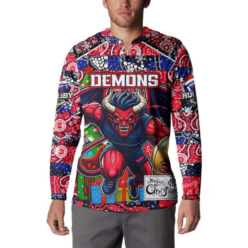 Custom Demons Rugby Merry Christmas Button Sweatshirt Indigenous Australian Art