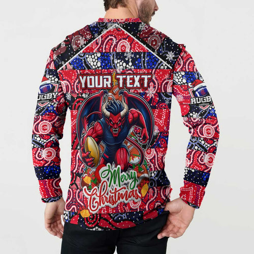 Custom Demons Rugby Merry Christmas Button Sweatshirt Indigenous Australian Art