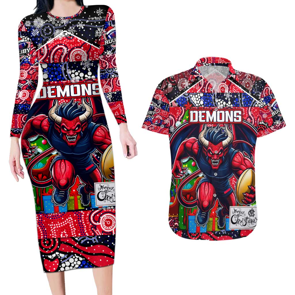Custom Demons Rugby Merry Christmas Couples Matching Long Sleeve Bodycon Dress and Hawaiian Shirt Indigenous Australian Art