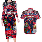 Custom Demons Rugby Merry Christmas Couples Matching Long Sleeve Bodycon Dress and Hawaiian Shirt Indigenous Australian Art
