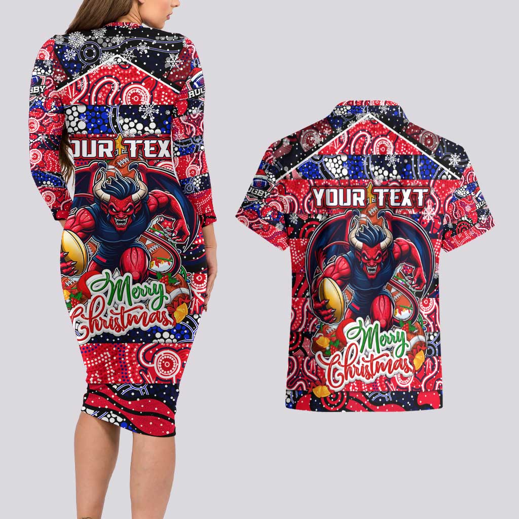 Custom Demons Rugby Merry Christmas Couples Matching Long Sleeve Bodycon Dress and Hawaiian Shirt Indigenous Australian Art