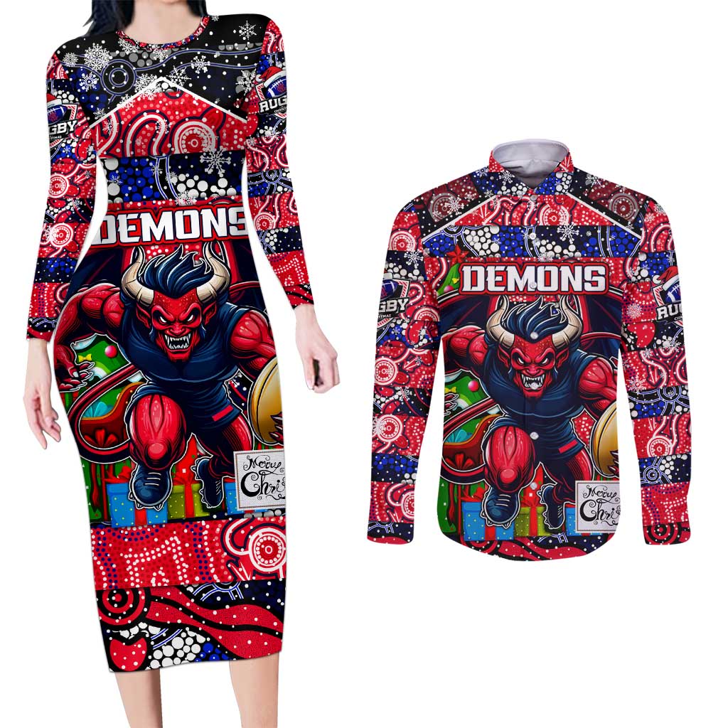 Custom Demons Rugby Merry Christmas Couples Matching Long Sleeve Bodycon Dress and Long Sleeve Button Shirt Indigenous Australian Art
