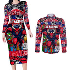 Custom Demons Rugby Merry Christmas Couples Matching Long Sleeve Bodycon Dress and Long Sleeve Button Shirt Indigenous Australian Art