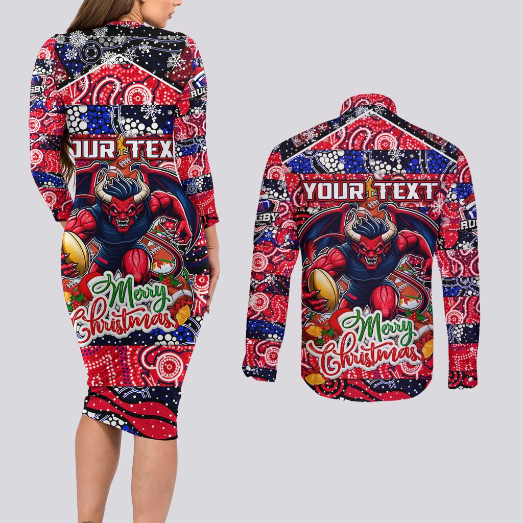 Custom Demons Rugby Merry Christmas Couples Matching Long Sleeve Bodycon Dress and Long Sleeve Button Shirt Indigenous Australian Art