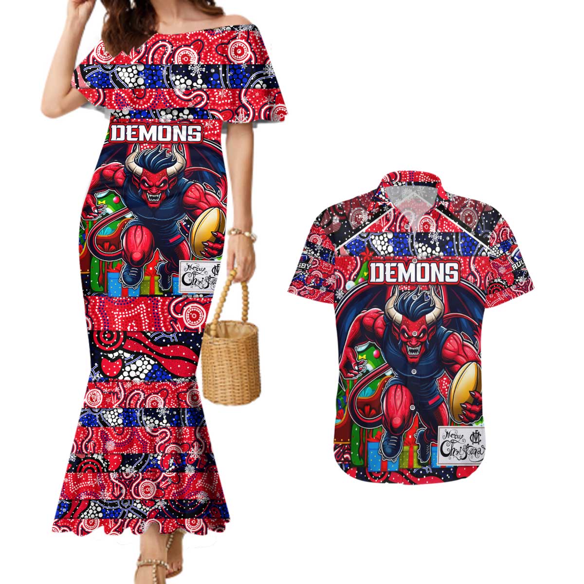 Custom Demons Rugby Merry Christmas Couples Matching Mermaid Dress and Hawaiian Shirt Indigenous Australian Art