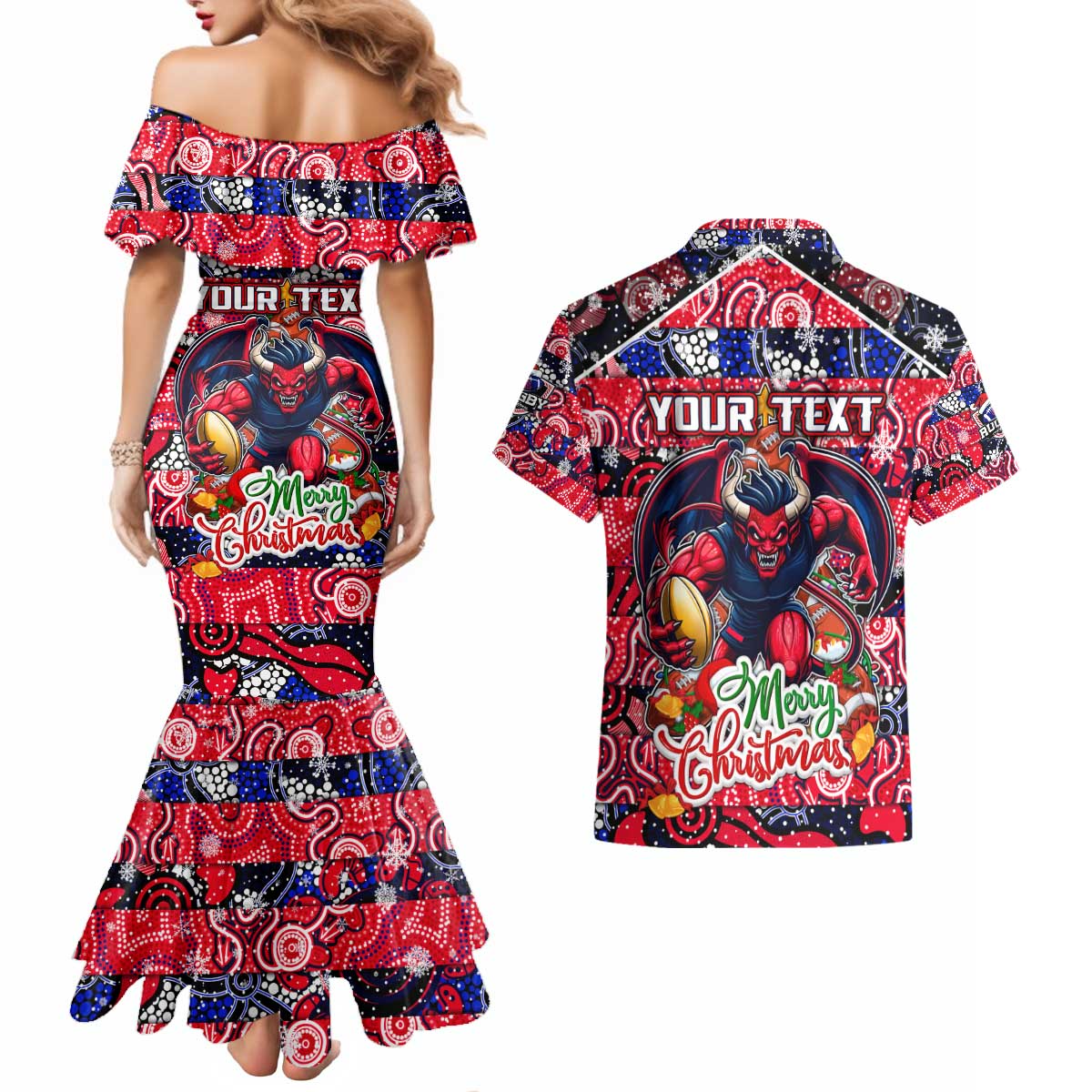 Custom Demons Rugby Merry Christmas Couples Matching Mermaid Dress and Hawaiian Shirt Indigenous Australian Art