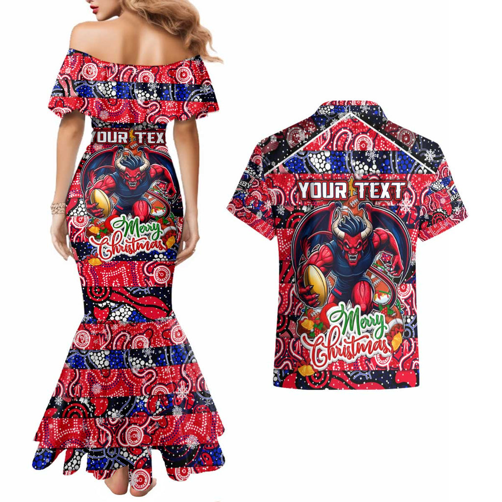 Custom Demons Rugby Merry Christmas Couples Matching Mermaid Dress and Hawaiian Shirt Indigenous Australian Art