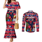 Custom Demons Rugby Merry Christmas Couples Matching Mermaid Dress and Long Sleeve Button Shirt Indigenous Australian Art