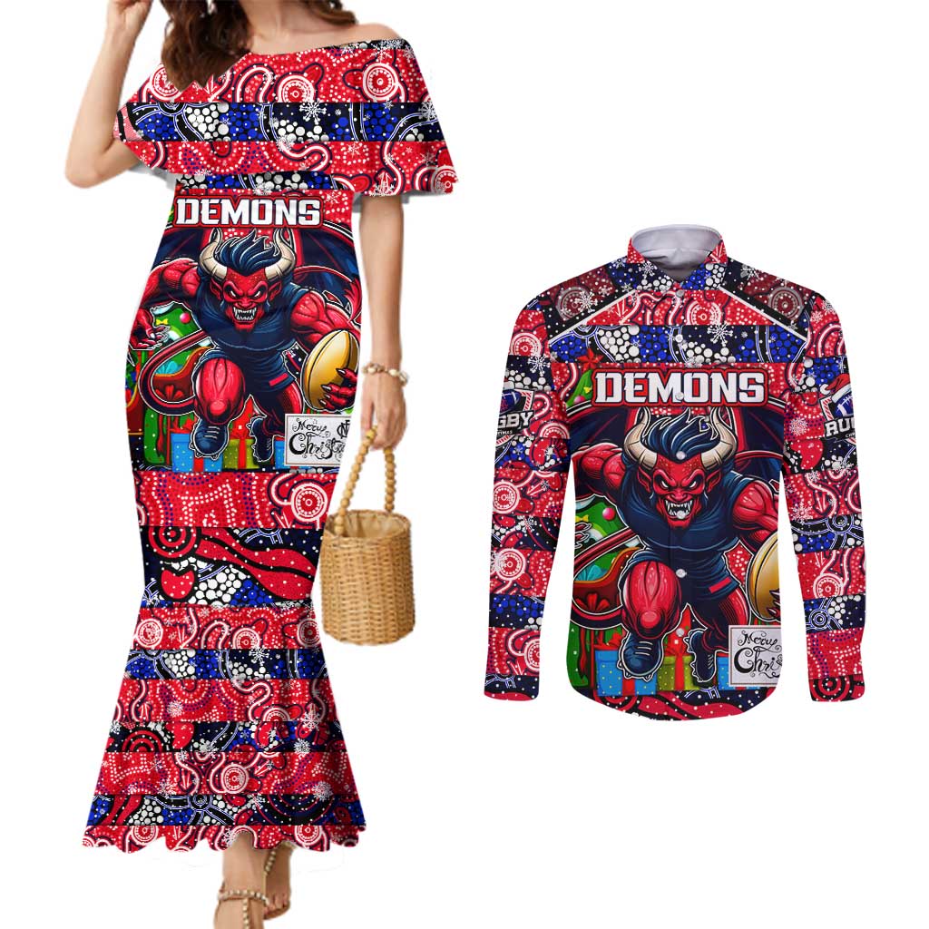 Custom Demons Rugby Merry Christmas Couples Matching Mermaid Dress and Long Sleeve Button Shirt Indigenous Australian Art