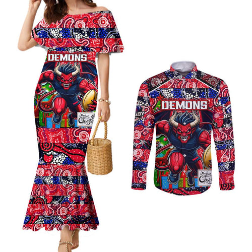 Custom Demons Rugby Merry Christmas Couples Matching Mermaid Dress and Long Sleeve Button Shirt Indigenous Australian Art