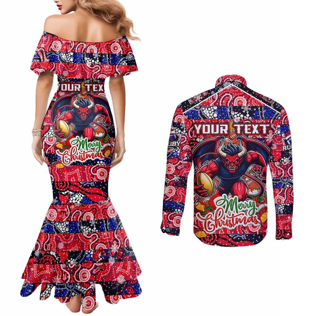 Custom Demons Rugby Merry Christmas Couples Matching Mermaid Dress and Long Sleeve Button Shirt Indigenous Australian Art