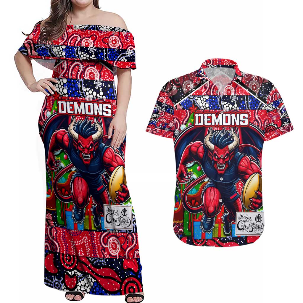 Custom Demons Rugby Merry Christmas Couples Matching Off Shoulder Maxi Dress and Hawaiian Shirt Indigenous Australian Art