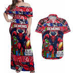 Custom Demons Rugby Merry Christmas Couples Matching Off Shoulder Maxi Dress and Hawaiian Shirt Indigenous Australian Art