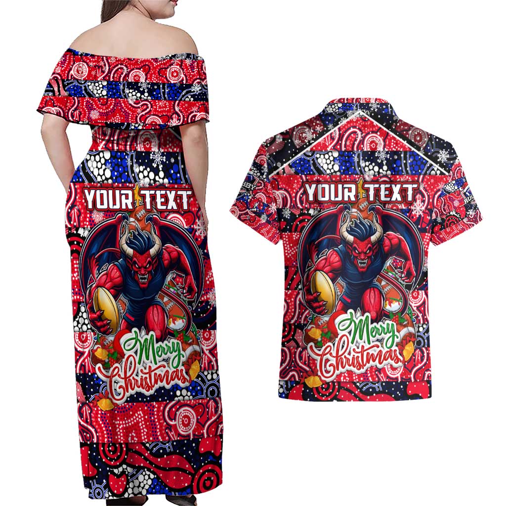 Custom Demons Rugby Merry Christmas Couples Matching Off Shoulder Maxi Dress and Hawaiian Shirt Indigenous Australian Art